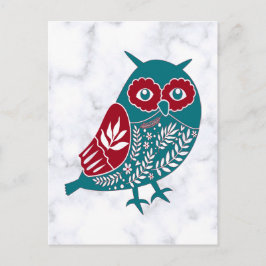 Cartão Postal Vintage Nórdico Coruja Floral Azul Vermelho em Már