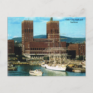 Cartão Postal Vintage Norway, Oslo City CHall e porto