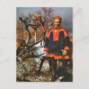 Cartão Postal Vintage Norway, Sami e suas renas