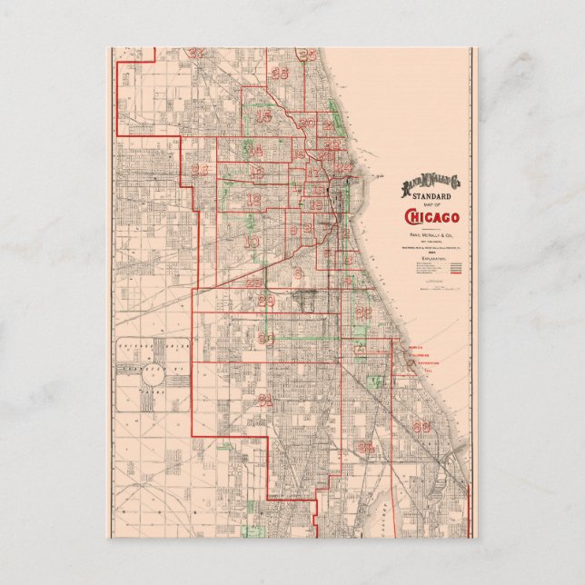 Cartão Postal Vintage Old Map of Chicago - 1893 (Frente)