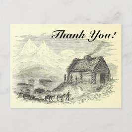 Cartão Postal Vintage Olhe Cabina, Montanhas, Lago + "Obrigado!"