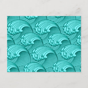 Cartão Postal Vintage Ondas Japonesas, Turquesa e Aqua