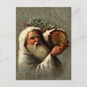 Cartão Postal Vintage Padre Natal em Neve com Yule Log