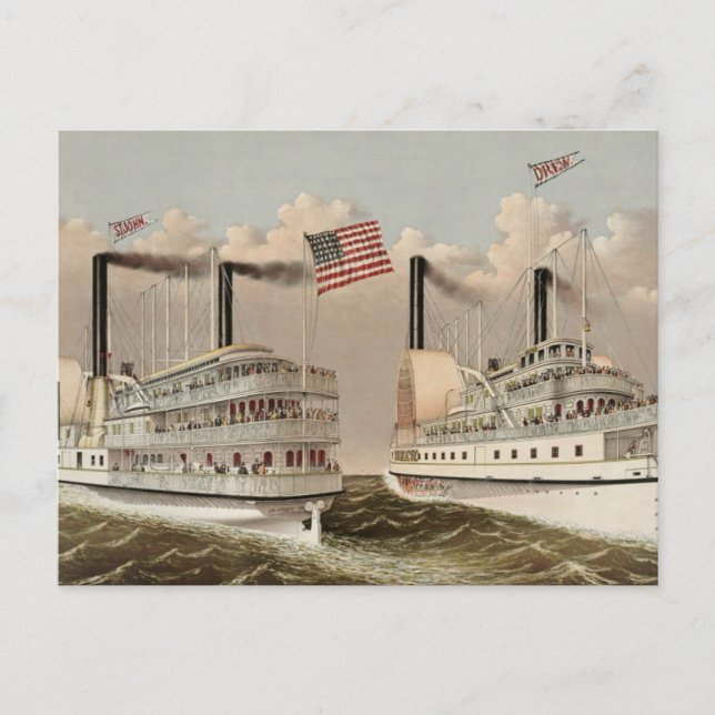 Cartão Postal Vintage Painting Mississippi River Steam Boats (Frente)
