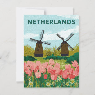 Cartão Postal Vintage Países Baixos Windmills Tulips Flor Viagem