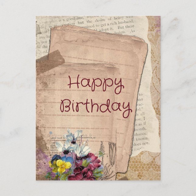 Cartão Postal Vintage Papers and Flowers Happy Birthday (Frente)
