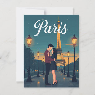Cartão Postal Vintage Paris Eiffel Tower Romance Night Viagem