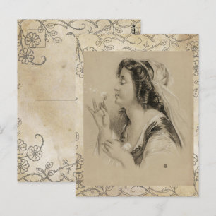 Cartão Postal Vintage Paris Girl Dandelion Flower