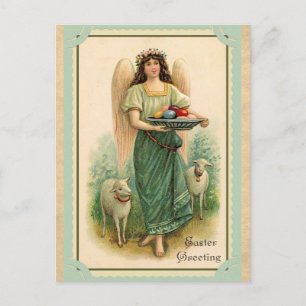 Cartão Postal Vintage Páscoa saudações anjo ovelhas