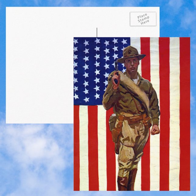 Cartão Postal Vintage Patriotic Soldier com Bandeira Americana (Criador carregado)