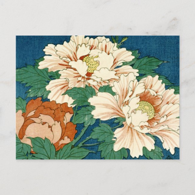 Cartão Postal Vintage Peonies em Azul (Frente)