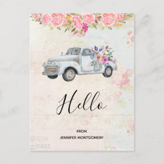 Cartão Postal Vintage Pickup Truck Rustic Watercolor Olá