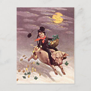 Cartão Postal Vintage Pig Moon Dourado Shamrock Dia de São Patr