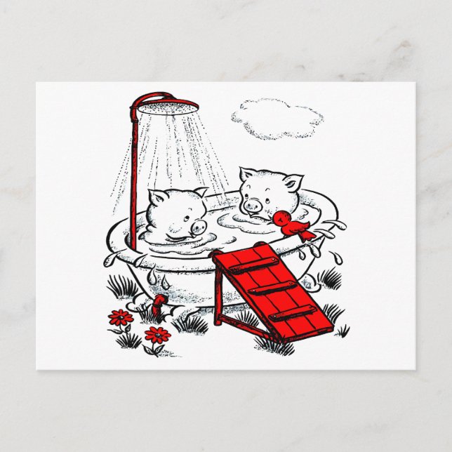 Cartão Postal Vintage Piggies & Bird In Bath (Frente)