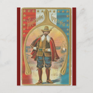 Cartão Postal Vintage Pilgrim e Wishbone Ação de Graças