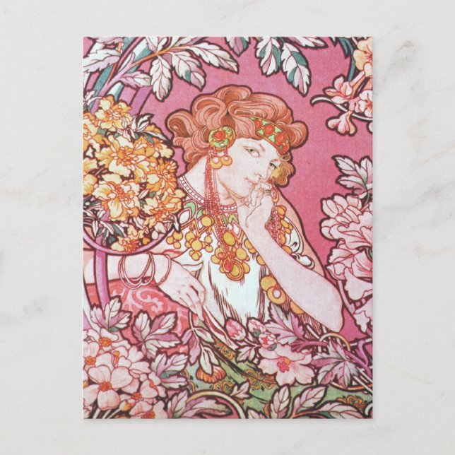 Cartão Postal Vintage Pink Mucha Art (Frente)