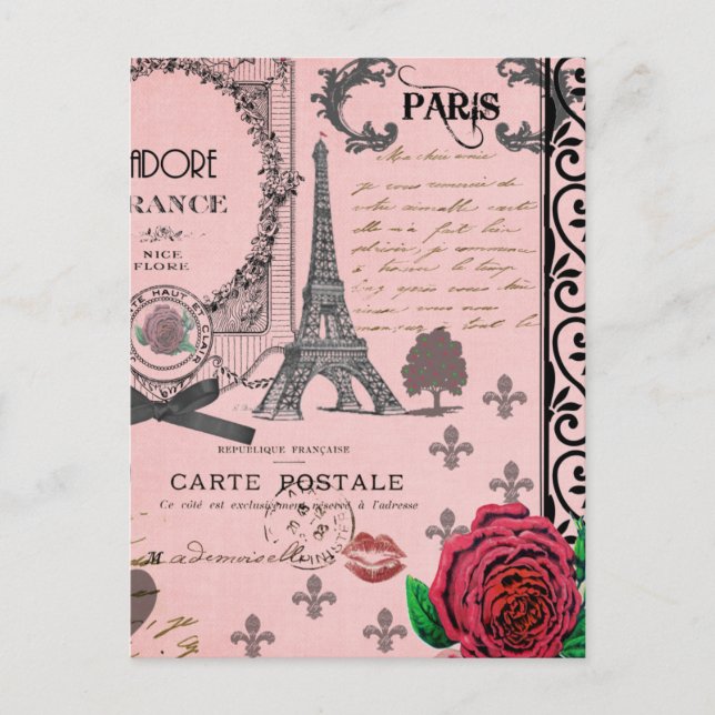 Cartão Postal Vintage Pink Paris Collage (Frente)