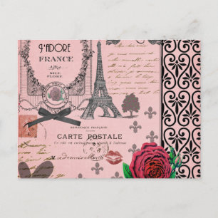 Cartão Postal Vintage Pink Paris Collage