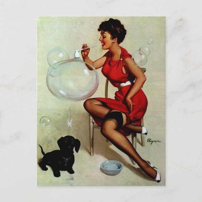 Cartão Postal Vintage Pinup Girl soprando bolhas (Frente)