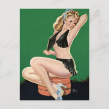Vintage Pinup Linda Blona em Fundo Verde