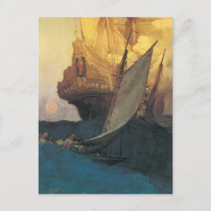 Cartão Postal Vintage Pirate, Ataque em um Galeão por Howard Py
