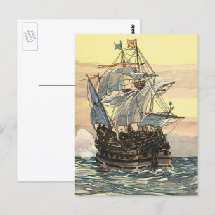 Cartão Postal Vintage Pirate Ship, Galleon Seleando no Oceano