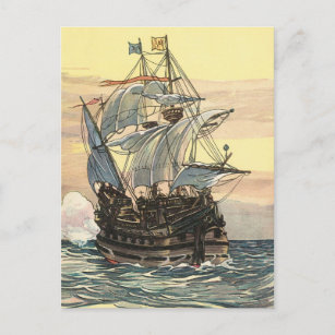 Cartão Postal Vintage Pirate Ship, Galleon Seleando no Oceano