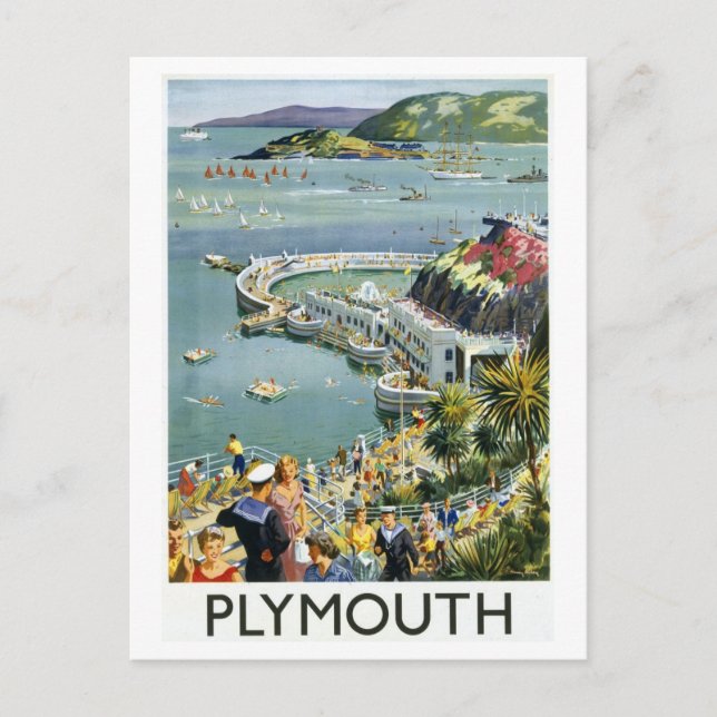 Cartão Postal Vintage Plymouth England Travel Poster (Frente)