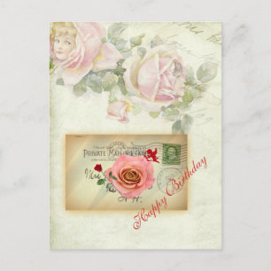 Cartão Postal Vintage Postcard Collage Rosas Rosa e Cupido