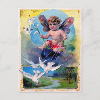 Cartão Postal Vintage que anuncia Litho - querubim & pombas