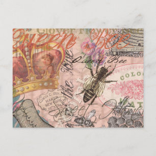 Cartão Postal Vintage Queen Bee Linda Colagem de Meninas