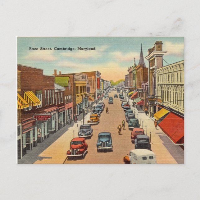 Cartão Postal Vintage, Race Street, Cambridge, Maryland (Frente)
