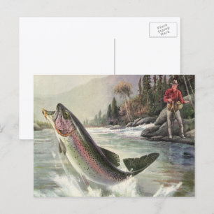 Cartão Postal Vintage Rainbow Trout Fish, Fisherman Fishing
