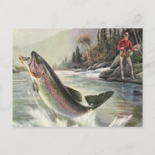 Cartão Postal Vintage Rainbow Trout Fish, Fisherman Fishing