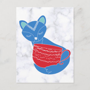 Cartão Postal Vintage, Raposa Azul Nórdica com Mug Vermelho