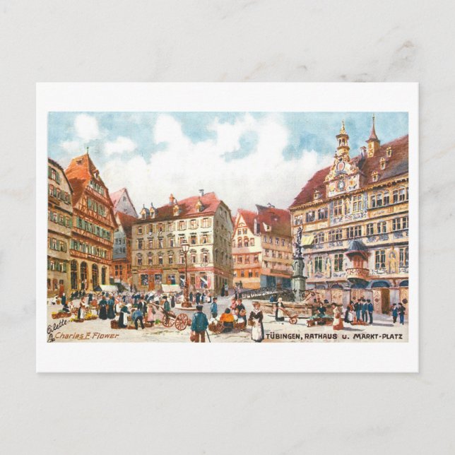 Cartão Postal Vintage Rathaus Tubingen Alemanha (Frente)