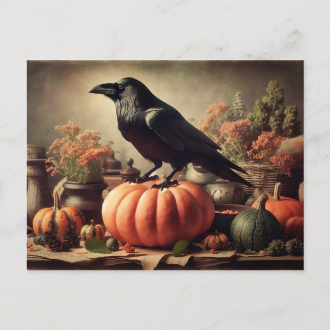 Cartão Postal Vintage Raven Foto Gótica Halloween (Frente)