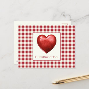 Cartão Postal Vintage Red e Cream Gingham com Coração