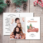 Cartão Postal Vintage Red Truck com Árvore, Feliz Foto de Natal<br><div class="desc">Espalhe a alegria de feriado com este cartão-postal com um carregando vermelho festivo na árvore de Natal. Personalize carregando sua foto vertical. O backside apresenta as saudações, o nome e a nota personalizados (ou apagar para deixar espaço para uma nota manuscrita). Adicione seu endereço de devolução também na parte traseira....</div>
