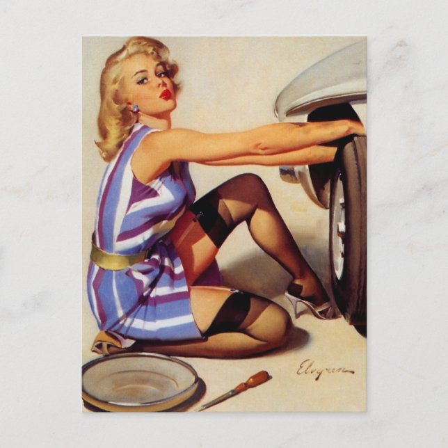 Cartão Postal Vintage Retro Car Mechanical Pinup Girl (Frente)