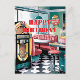 Cartão Postal Vintage Retro Jukebox, Jantar, Bolo De Aniversário