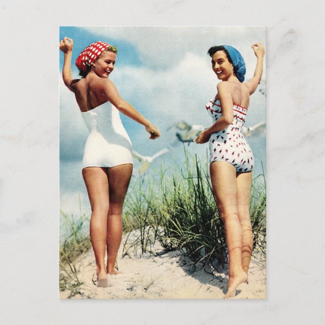 Cartão Postal Vintage Retro Women 60s Surfing Beach Girls (Frente)