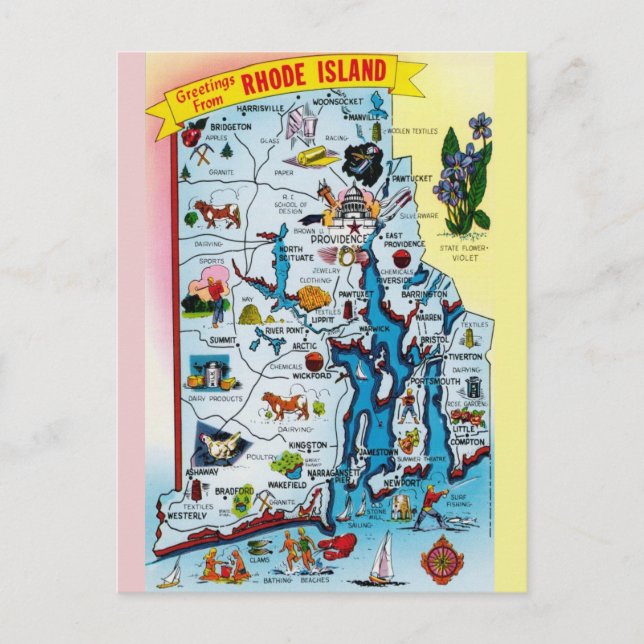Cartão Postal Vintage Rhode Island Map Postcard (Frente)