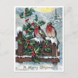 Cartão Postal Vintage Robin Birds e Holly Feliz Natal