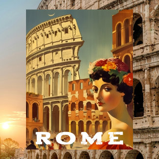 Cartão Postal Vintage Rome Italy Travel Colosseum Lady