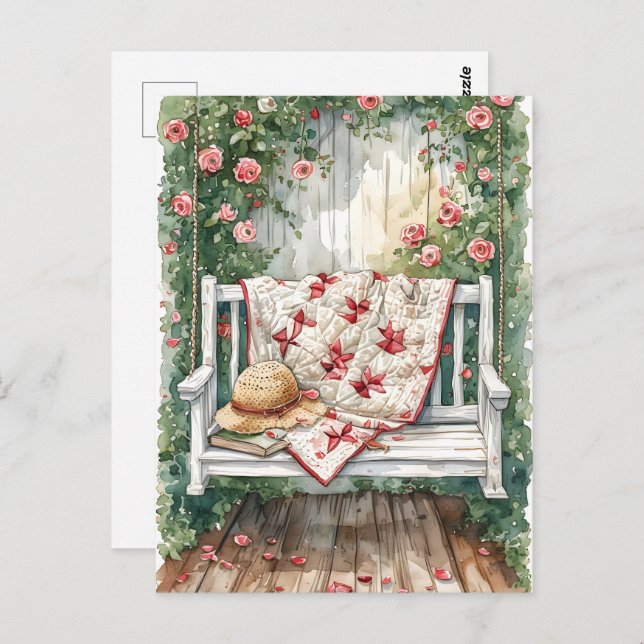 Cartão Postal Vintage Rosa Swing com Quilt Charm (Frente/Verso)