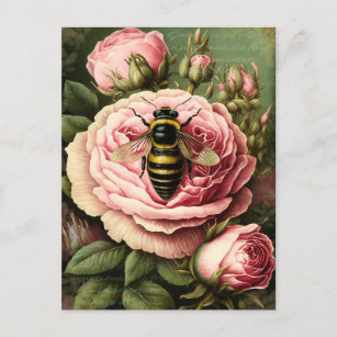 Cartão Postal Vintage Rosas e Queen Bee