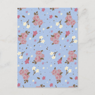 Cartão Postal Vintage Rosas Rosa Floral em azul-bebê