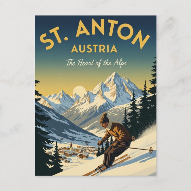 Cartão Postal Vintage Rua Anton Austria Skiing (Frente)
