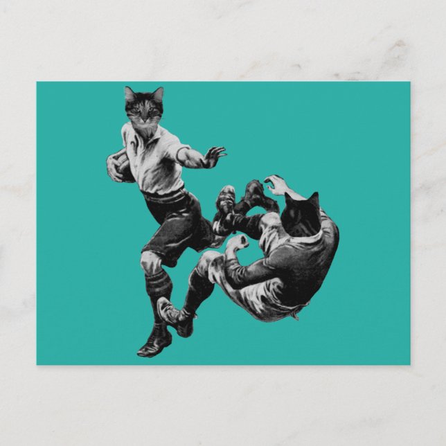 Cartão Postal vintage rúgbi engraçado jogando gatos (Frente)